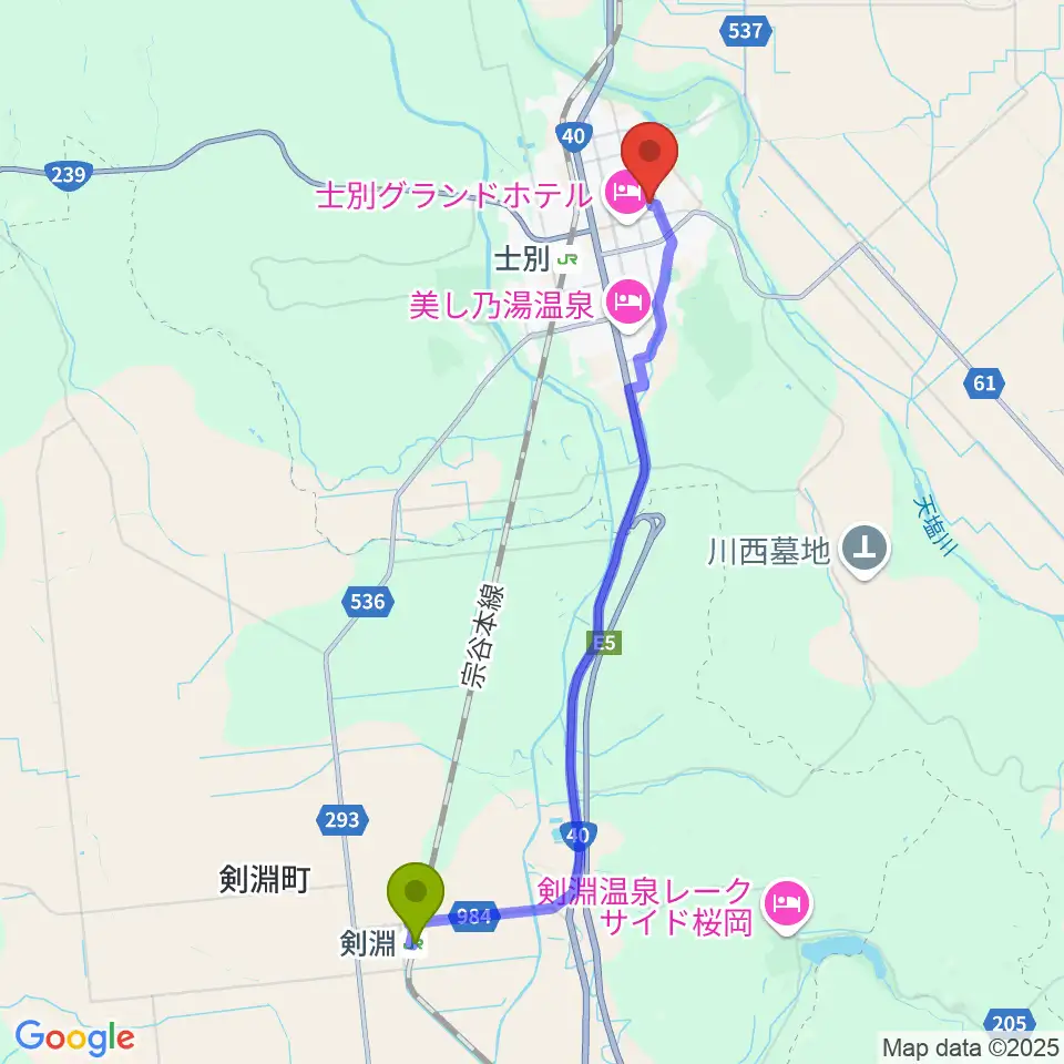 剣淵駅から士別市民文化センターへのルートマップ地図