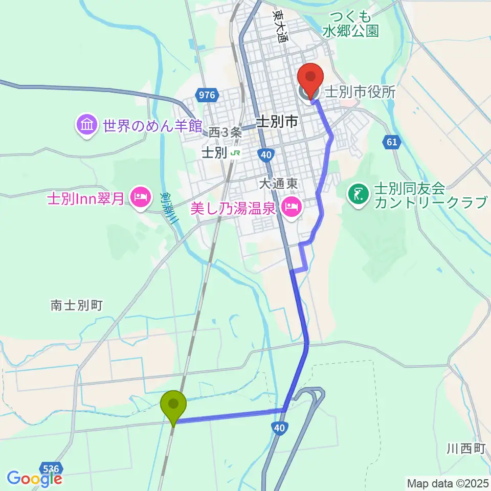 北剣淵駅から士別市民文化センターへのルートマップ地図