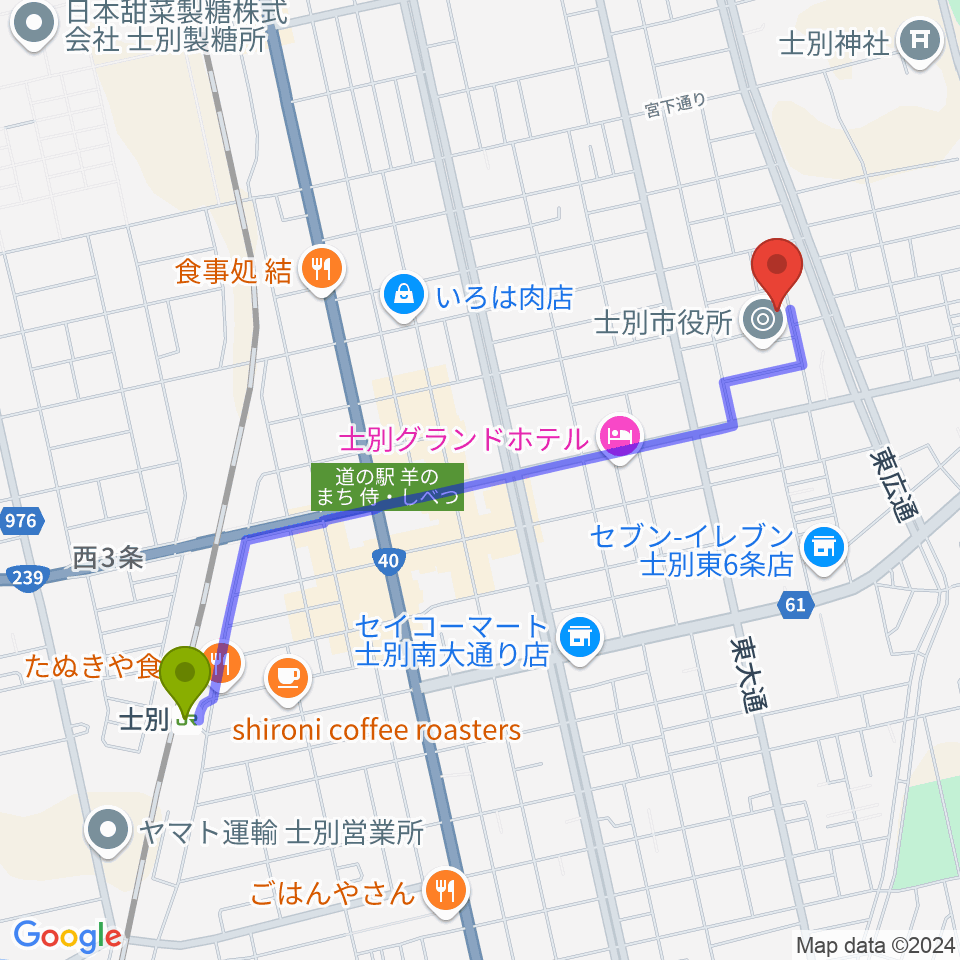 士別市民文化センターの最寄駅士別駅からの徒歩ルート（約21分）地図