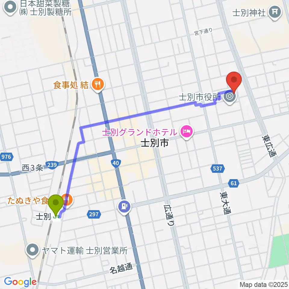 士別市民文化センターの最寄駅士別駅からの徒歩ルート（約21分）地図