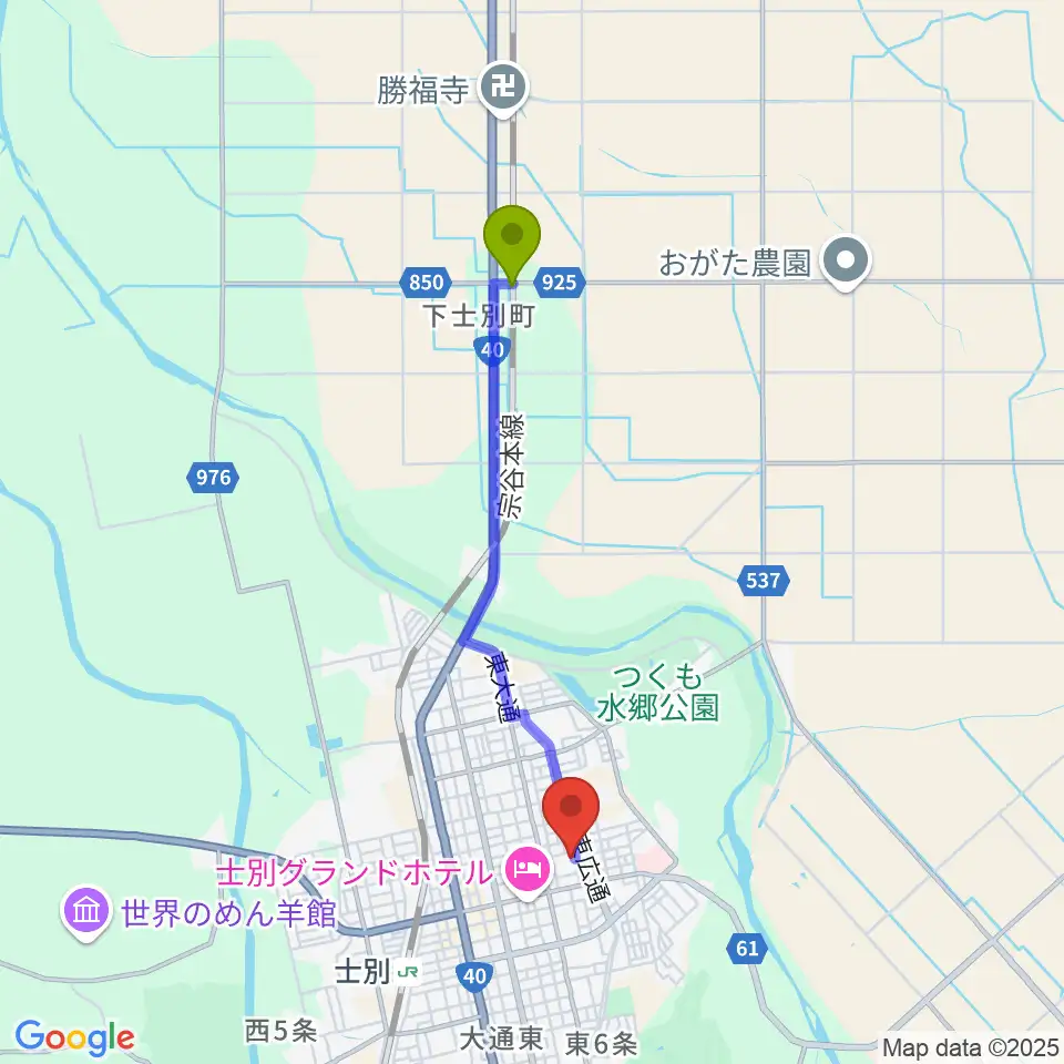 下士別駅から士別市民文化センターへのルートマップ地図
