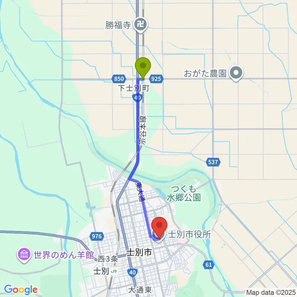 下士別駅から士別市民文化センターへのルートマップ地図