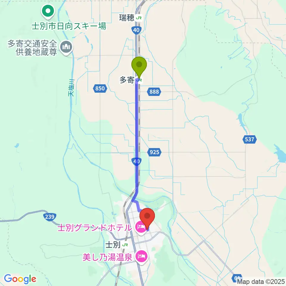 多寄駅から士別市民文化センターへのルートマップ地図