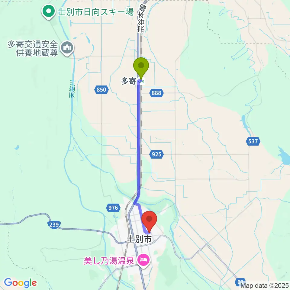 多寄駅から士別市民文化センターへのルートマップ地図
