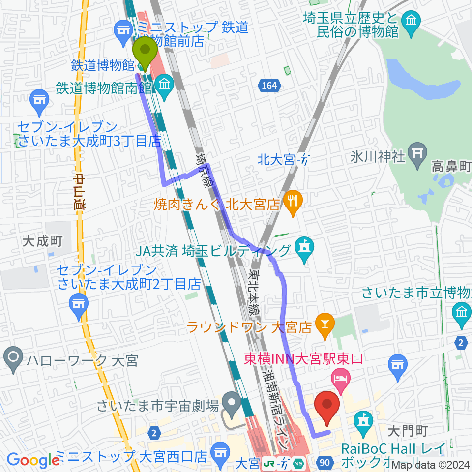 鉄道博物館駅から島村楽器 大宮店へのルートマップ地図