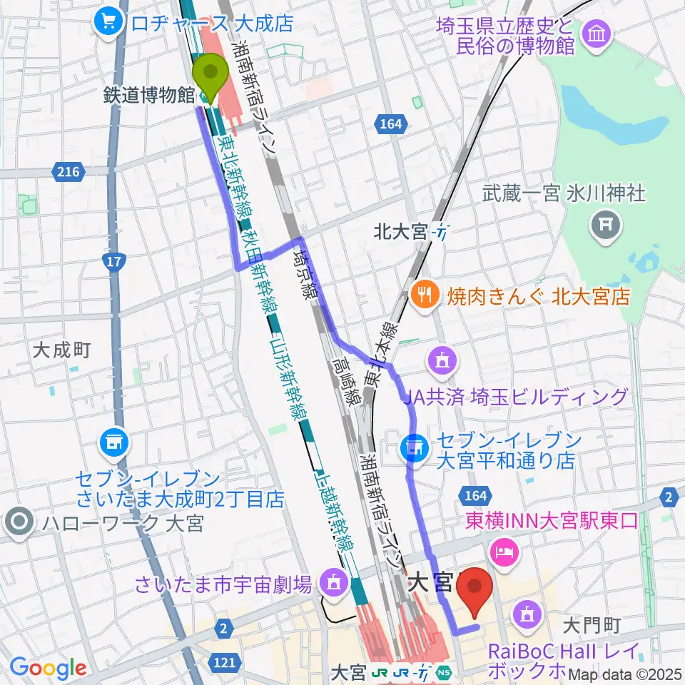 鉄道博物館駅から島村楽器 大宮店へのルートマップ地図
