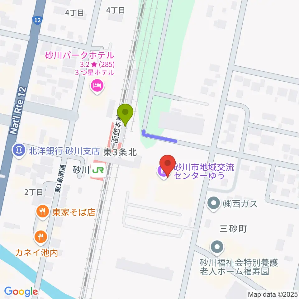 砂川市地域交流センターゆうの最寄駅砂川駅からの徒歩ルート（約2分）地図