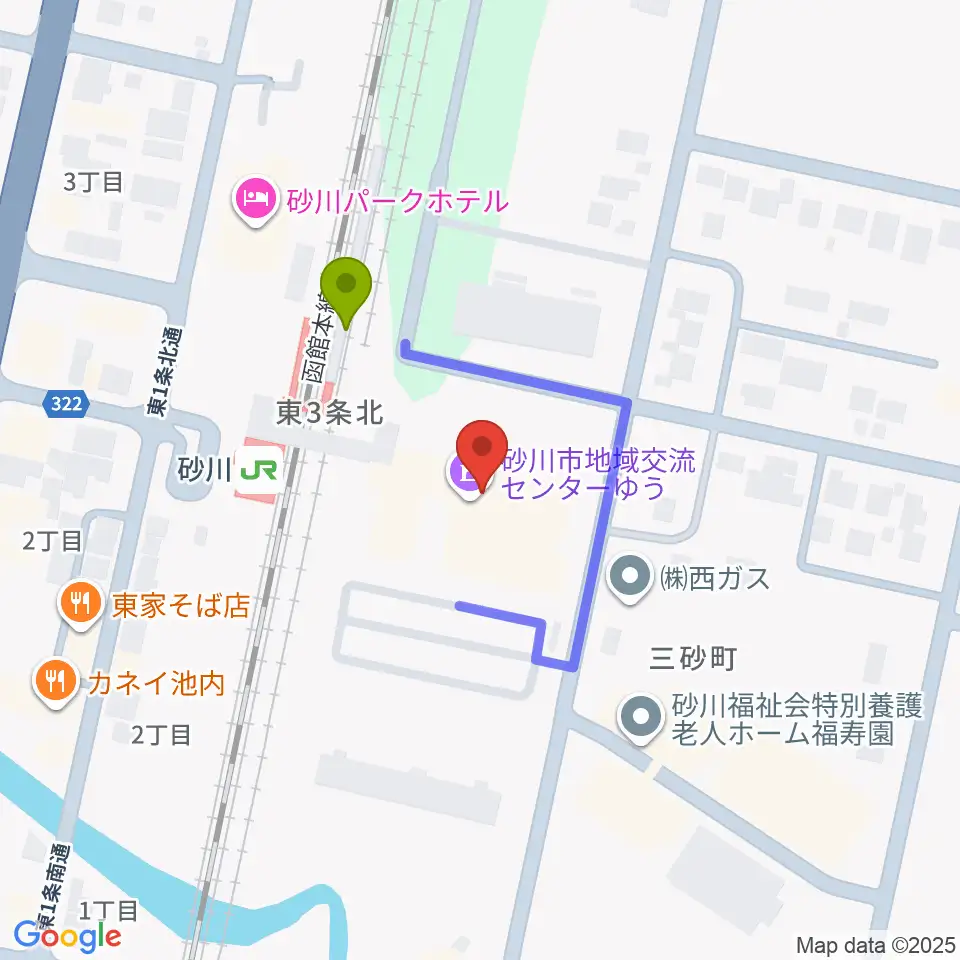 砂川市地域交流センターゆうの最寄駅砂川駅からの徒歩ルート（約2分）地図