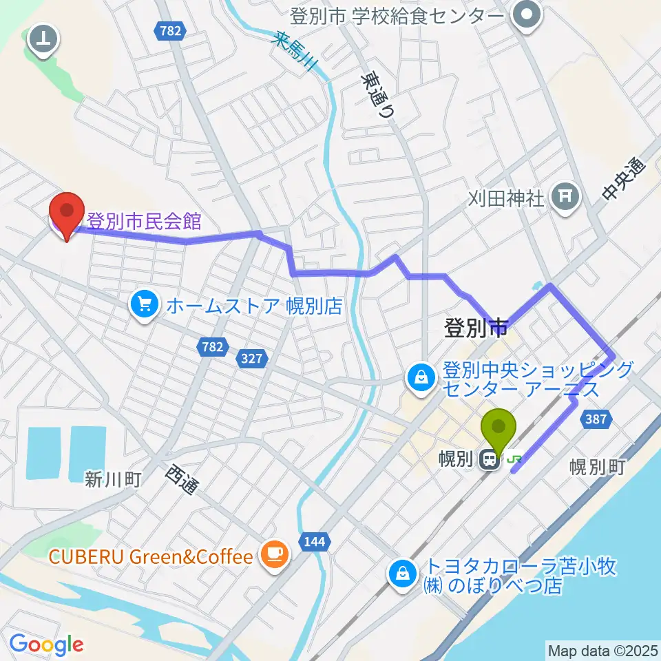 登別市民会館の最寄駅幌別駅からの徒歩ルート（約21分）地図
