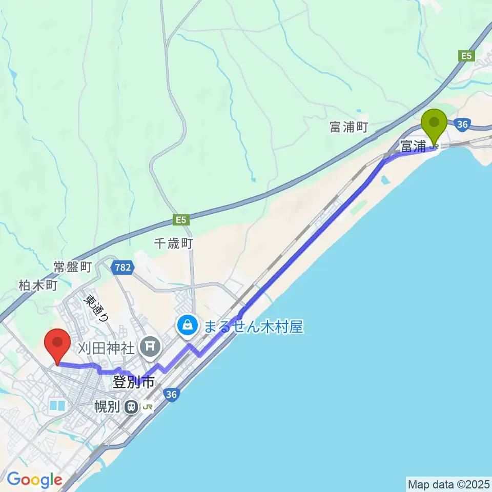 富浦駅から登別市民会館へのルートマップ地図