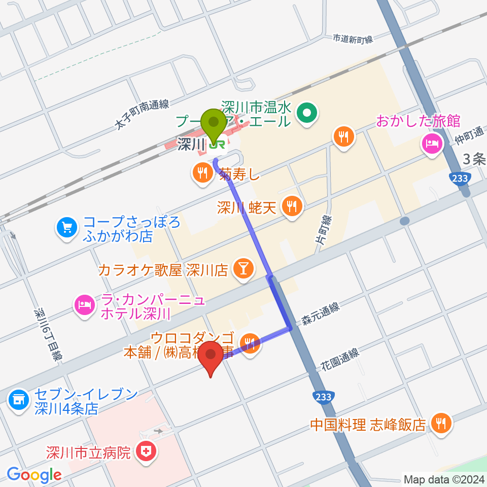 深川市文化交流ホールみ・らいの最寄駅深川駅からの徒歩ルート（約7分）地図