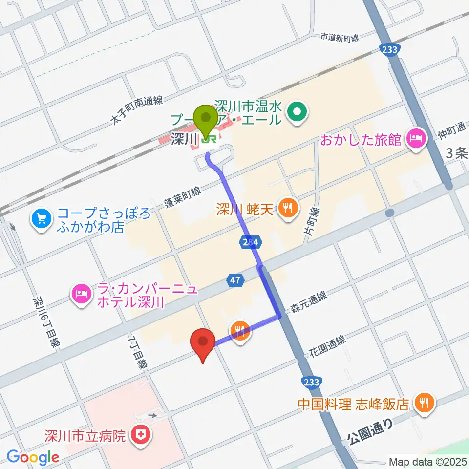 深川市文化交流ホールみ・らいの最寄駅深川駅からの徒歩ルート（約7分）地図