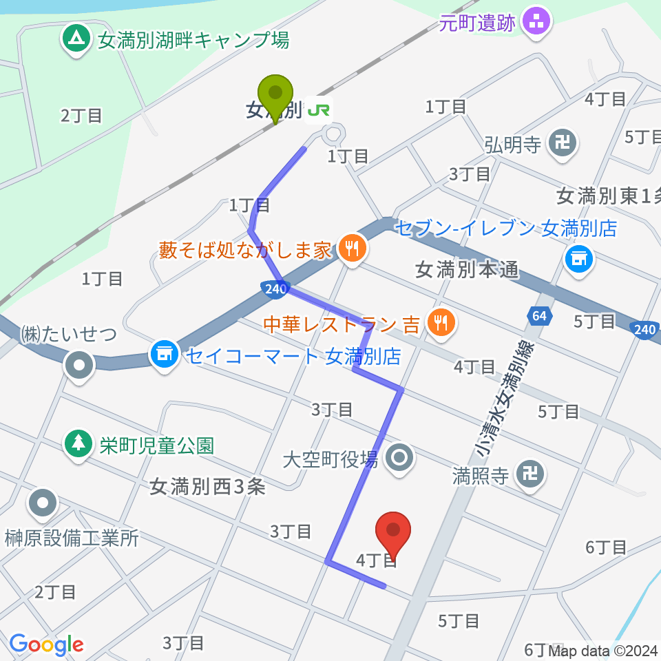 大空町教育文化会館の最寄駅女満別駅からの徒歩ルート（約9分）地図