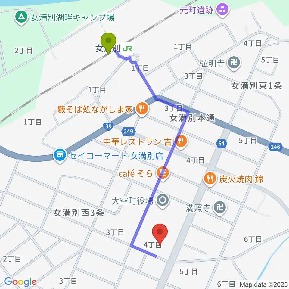 大空町教育文化会館の最寄駅女満別駅からの徒歩ルート（約9分）地図