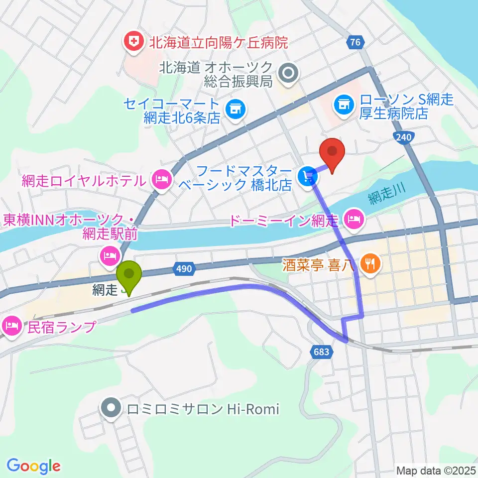 エコーセンター2000の最寄駅網走駅からの徒歩ルート（約14分）地図