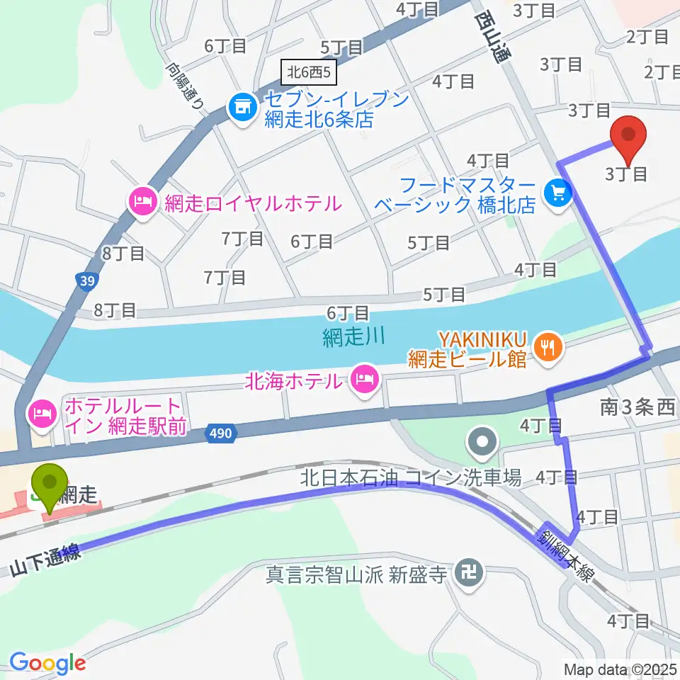 エコーセンター2000の最寄駅網走駅からの徒歩ルート（約14分）地図
