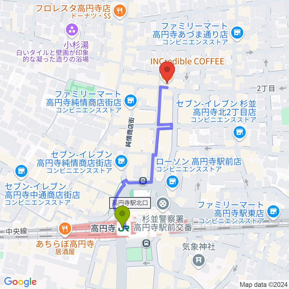 AVガレージ 中古楽器店の最寄駅高円寺駅からの徒歩ルート（約4分）地図