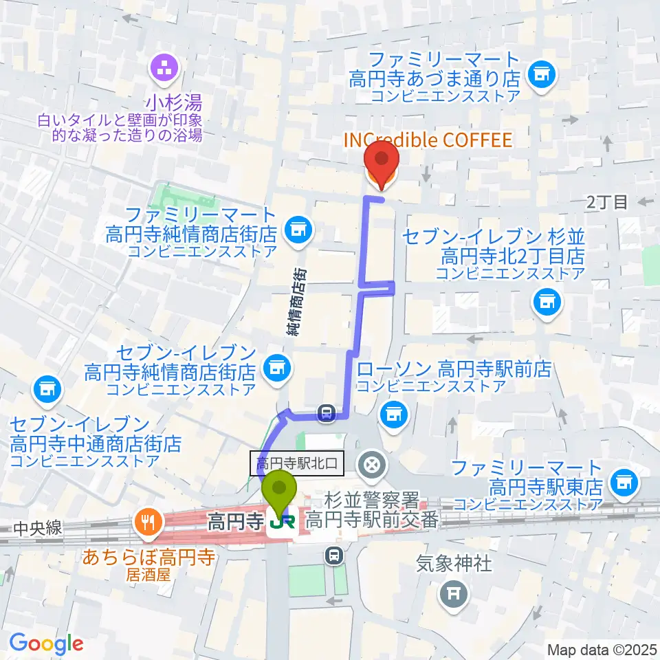 AVガレージ 中古楽器店の最寄駅高円寺駅からの徒歩ルート（約4分）地図