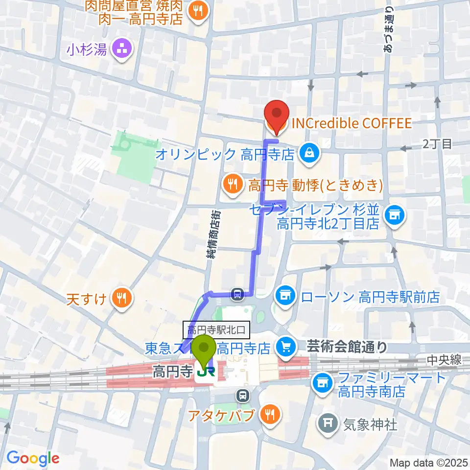 AVガレージ 中古楽器店の最寄駅高円寺駅からの徒歩ルート（約4分）地図
