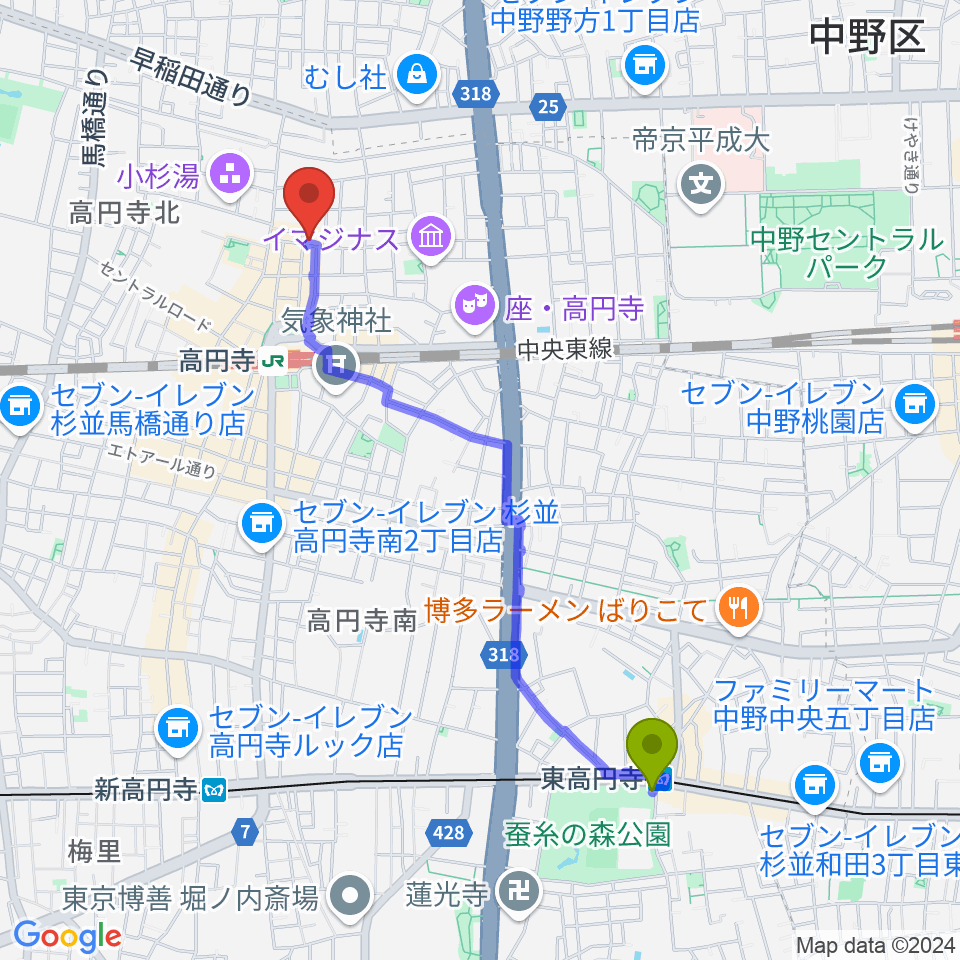 東高円寺駅からAVガレージ 中古楽器店へのルートマップ地図