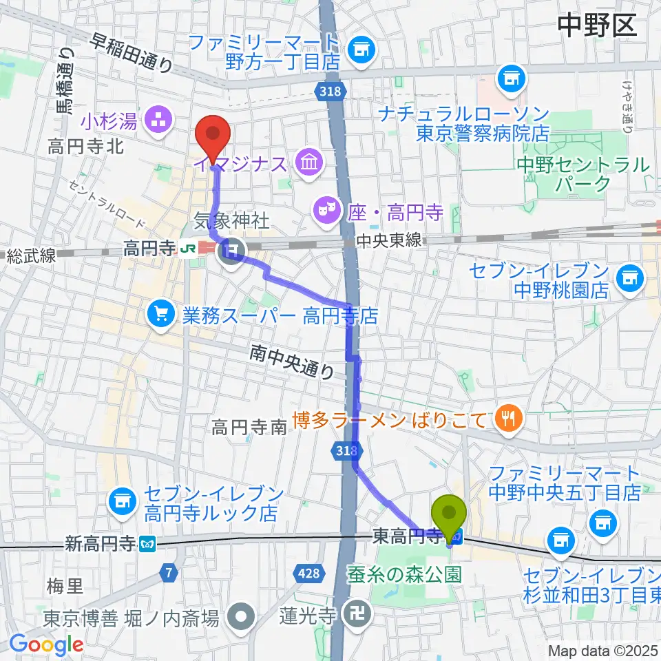 東高円寺駅からAVガレージ 中古楽器店へのルートマップ地図