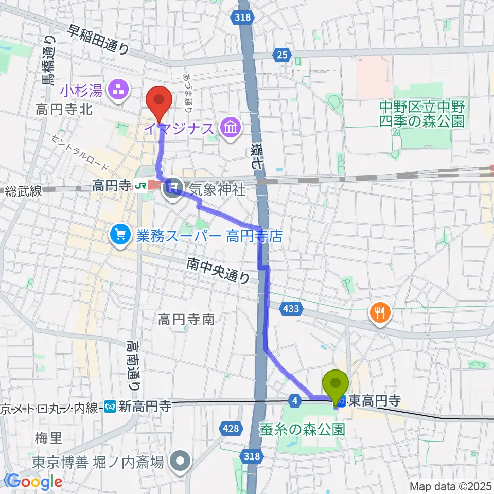 東高円寺駅からAVガレージ 中古楽器店へのルートマップ地図