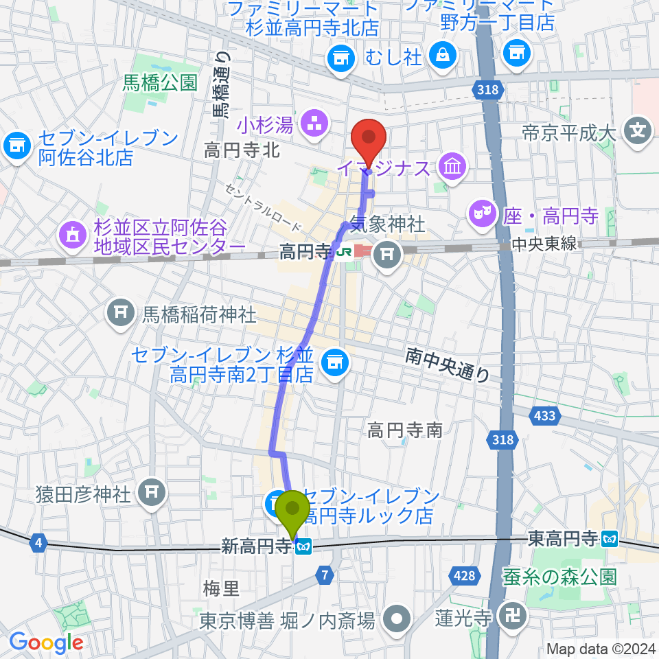 新高円寺駅からAVガレージ 中古楽器店へのルートマップ地図