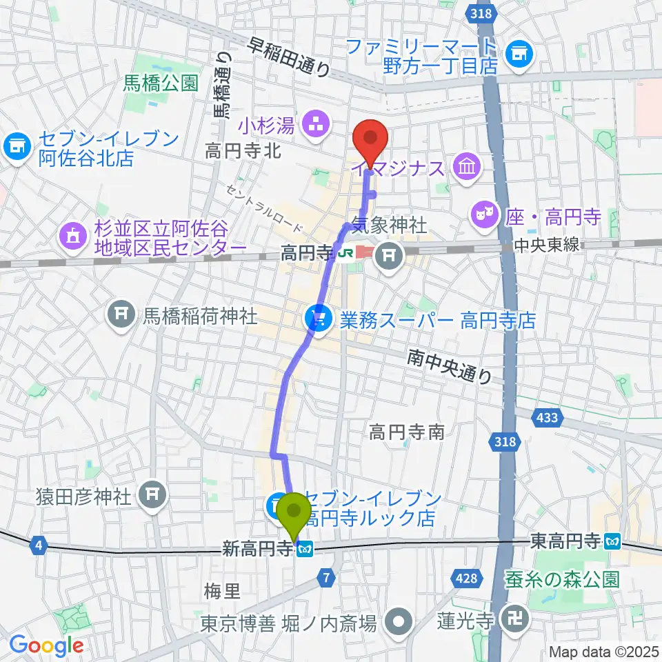 新高円寺駅からAVガレージ 中古楽器店へのルートマップ地図