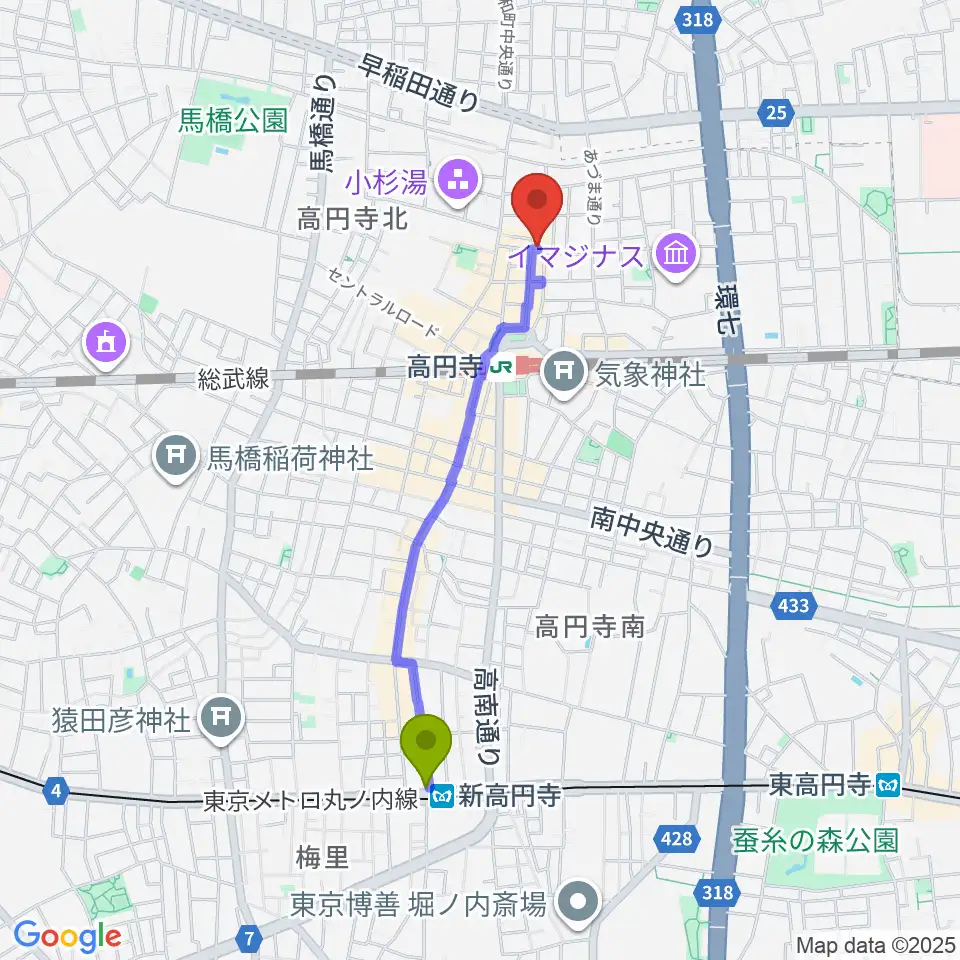 新高円寺駅からAVガレージ 中古楽器店へのルートマップ地図