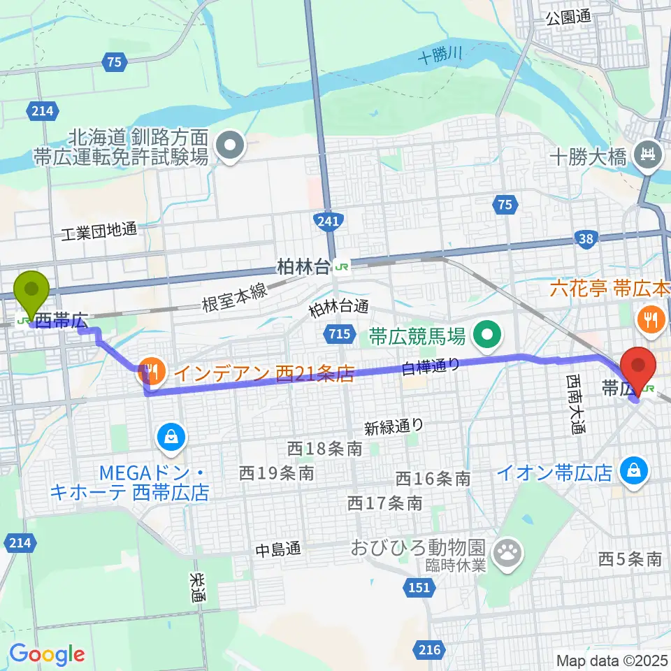 西帯広駅からとかちプラザ レインボーホールへのルートマップ地図