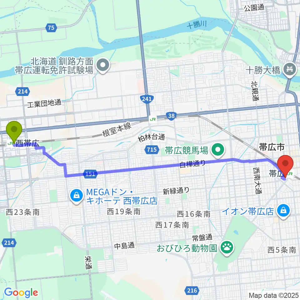 西帯広駅からとかちプラザ レインボーホールへのルートマップ地図
