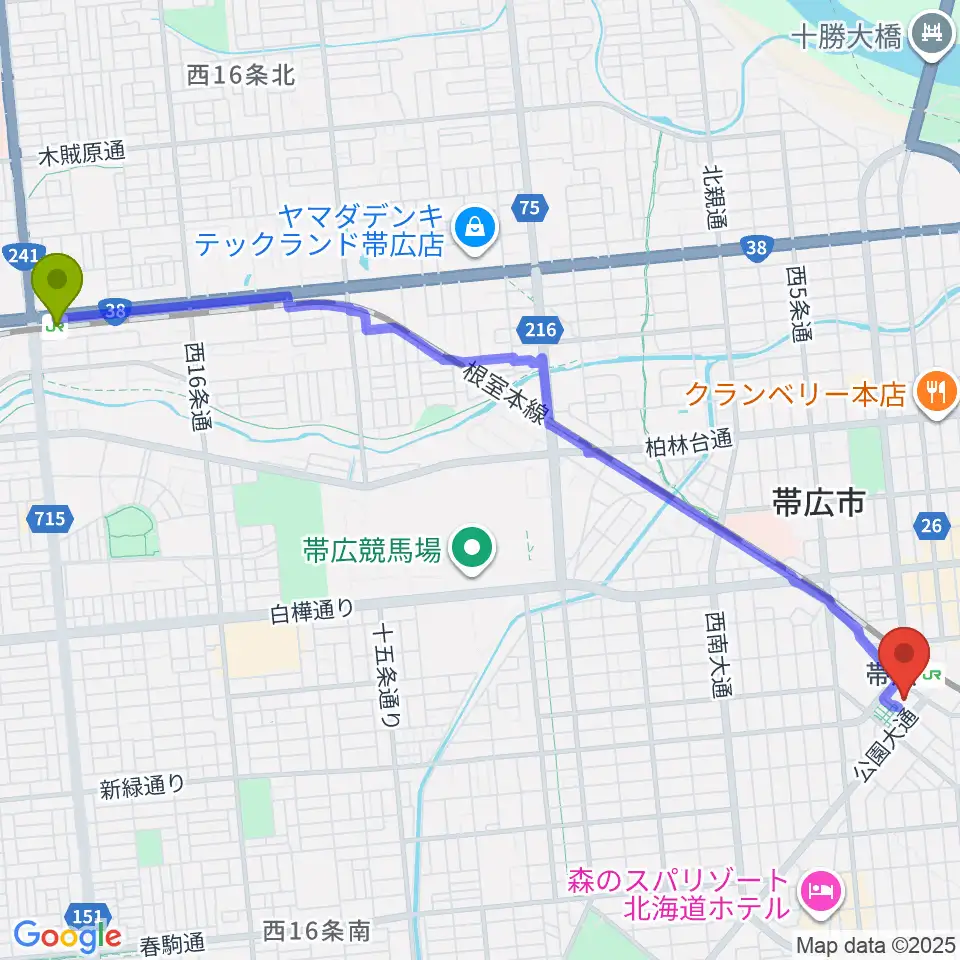 柏林台駅からとかちプラザ レインボーホールへのルートマップ地図