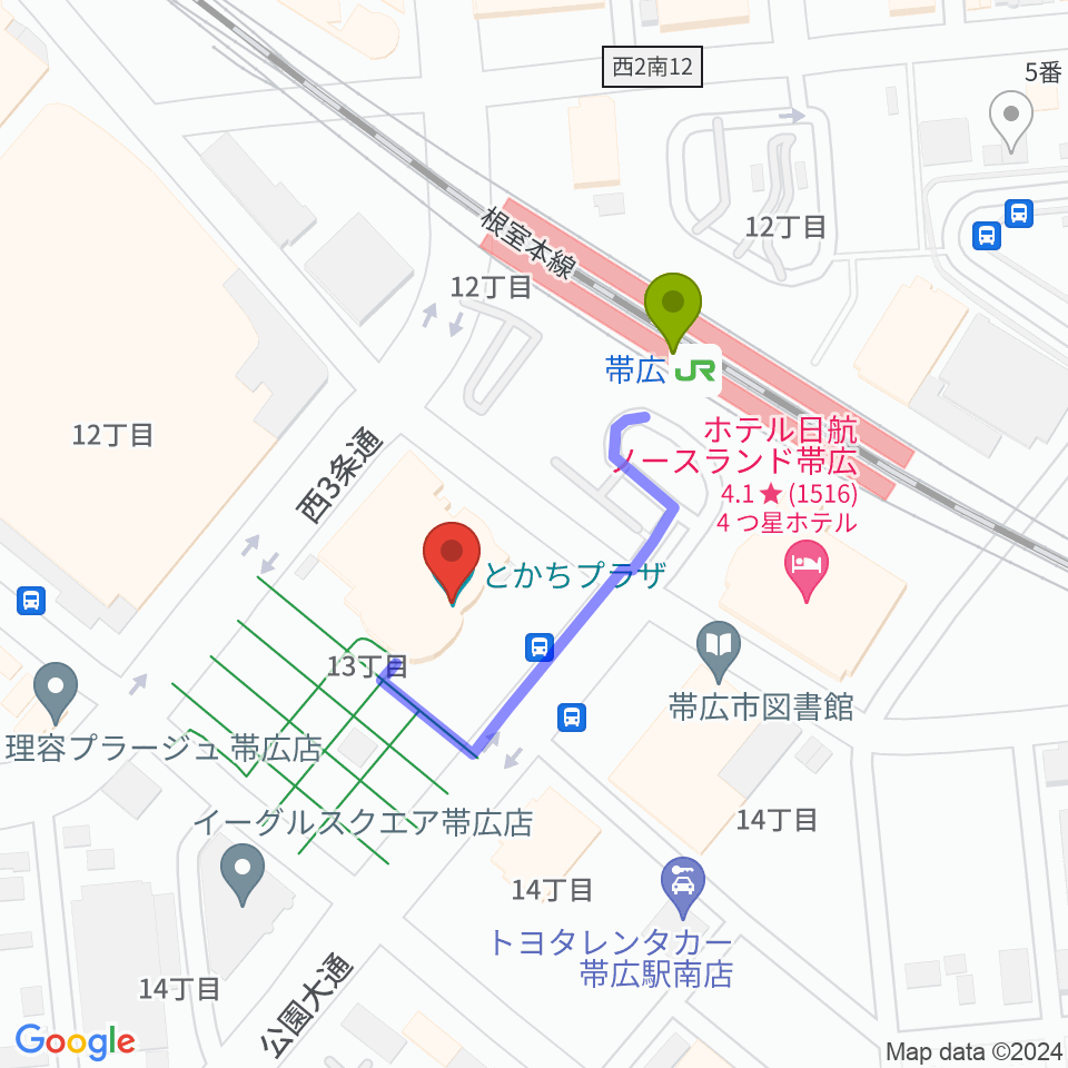 とかちプラザ レインボーホールの最寄駅帯広駅からの徒歩ルート（約2分）地図