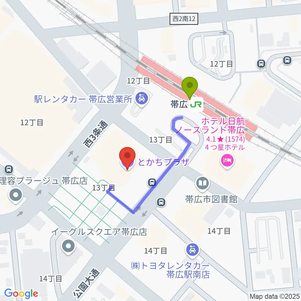 とかちプラザ レインボーホールの最寄駅帯広駅からの徒歩ルート（約2分）地図