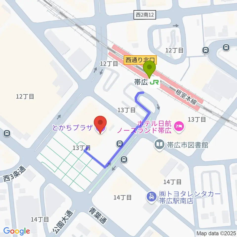 とかちプラザ レインボーホールの最寄駅帯広駅からの徒歩ルート（約2分）地図