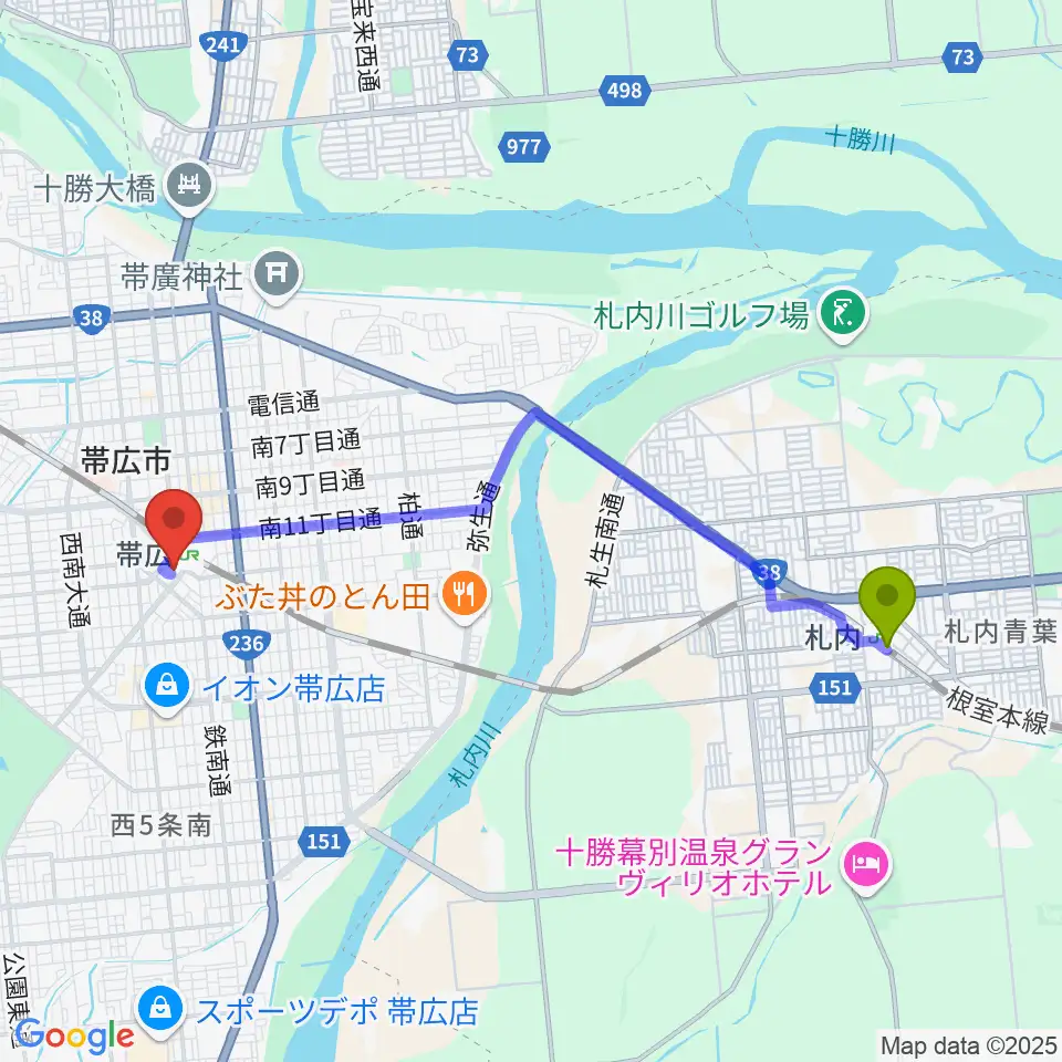 札内駅からとかちプラザ レインボーホールへのルートマップ地図