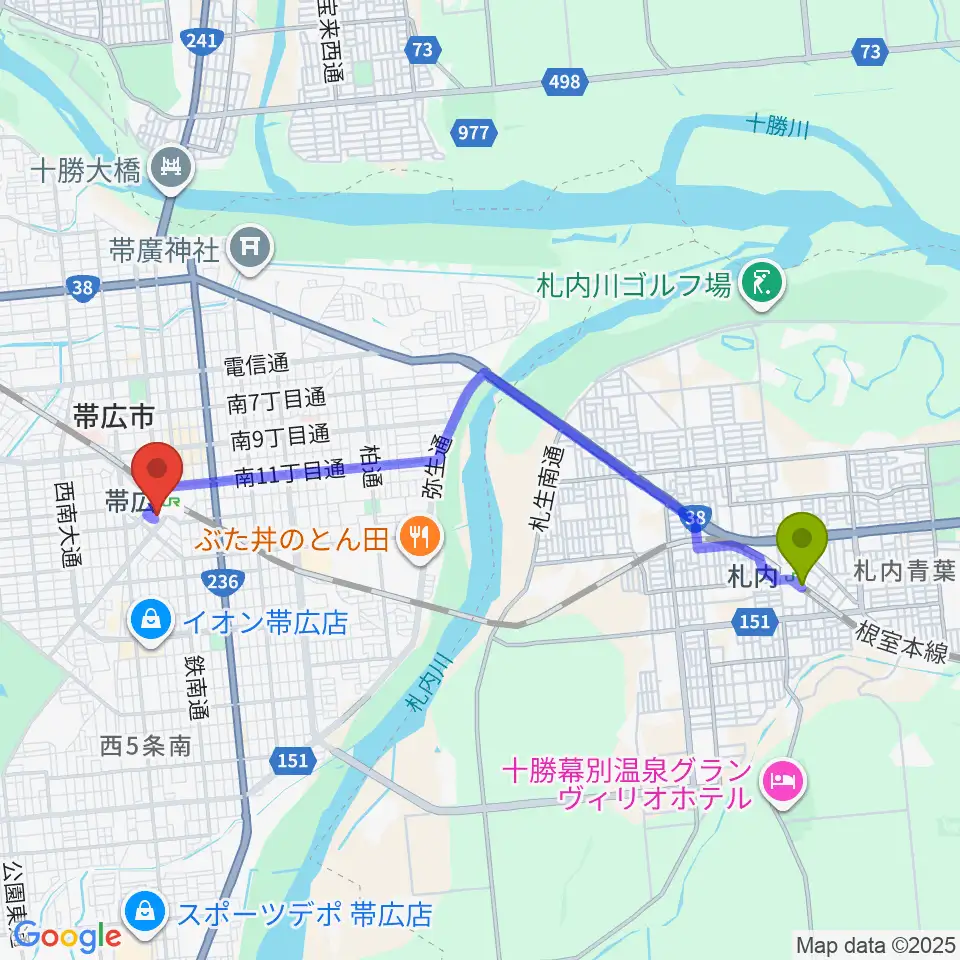 札内駅からとかちプラザ レインボーホールへのルートマップ地図