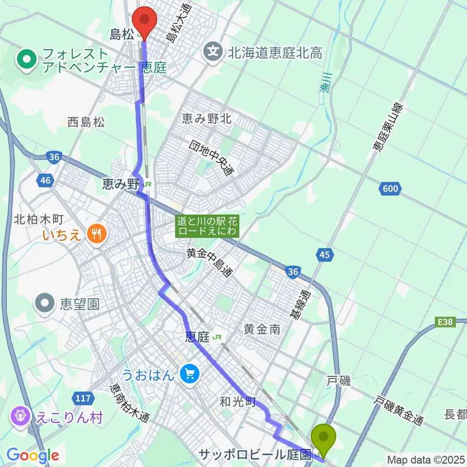 サッポロビール庭園駅から夢創館へのルートマップ地図