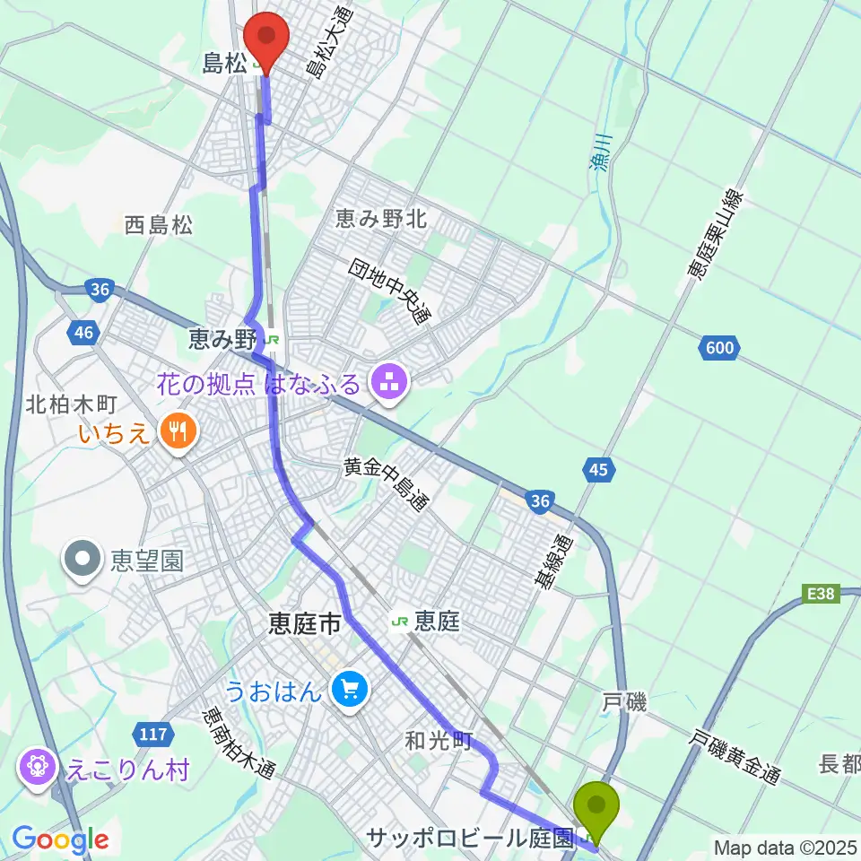 サッポロビール庭園駅から夢創館へのルートマップ地図