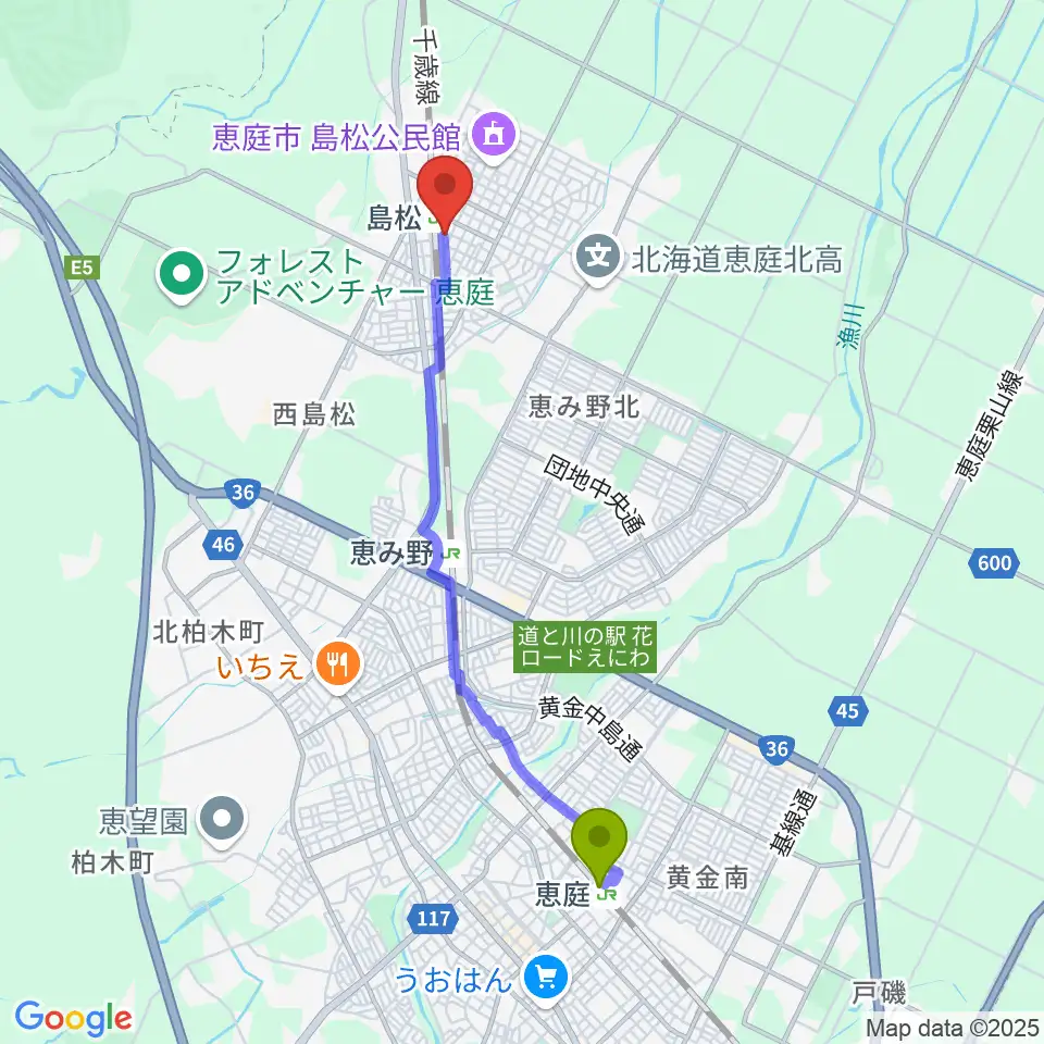 恵庭駅から夢創館へのルートマップ地図