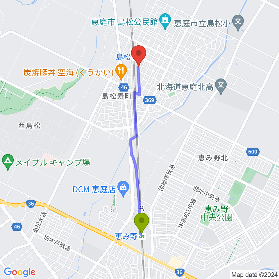 恵み野駅から夢創館へのルートマップ地図