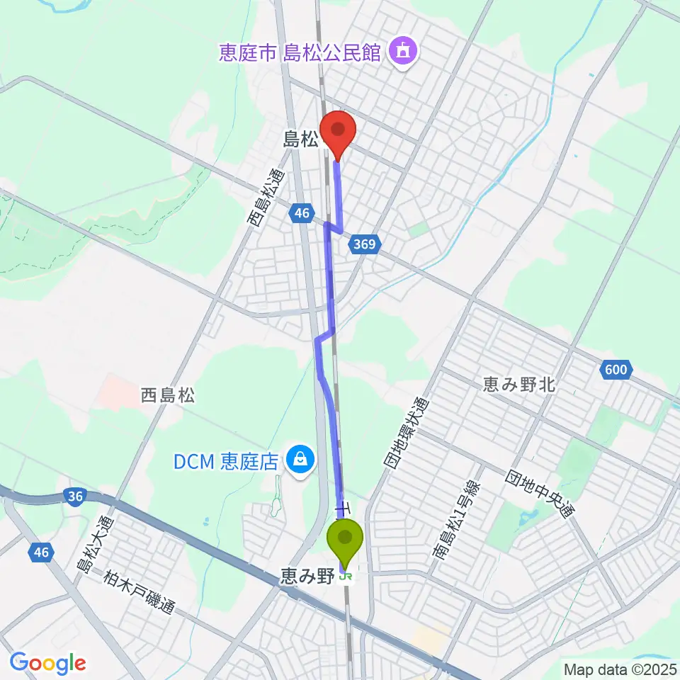 恵み野駅から夢創館へのルートマップ地図