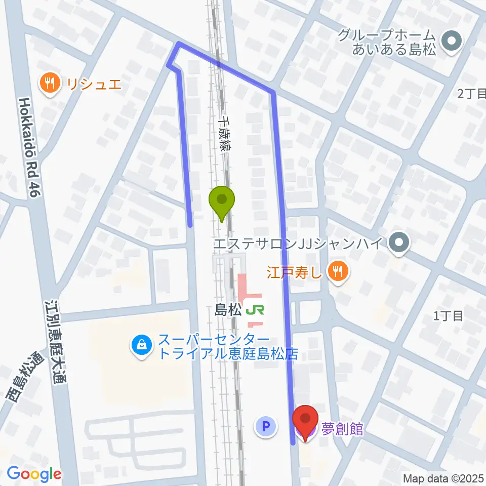 夢創館の最寄駅島松駅からの徒歩ルート（約3分）地図