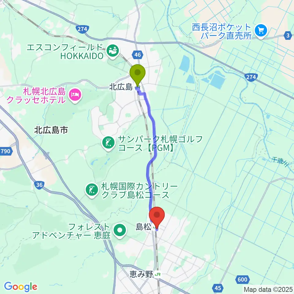 北広島駅から夢創館へのルートマップ地図