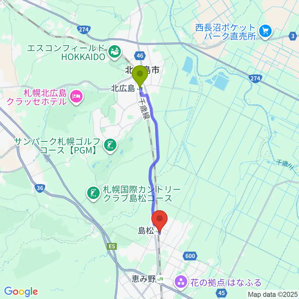 北広島駅から夢創館へのルートマップ地図