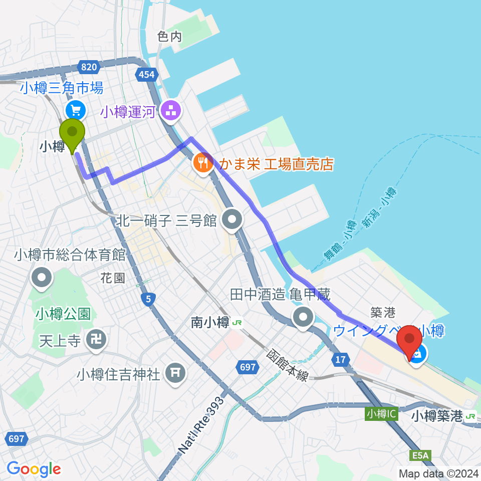 小樽駅から市民劇場ヲタル座へのルートマップ地図