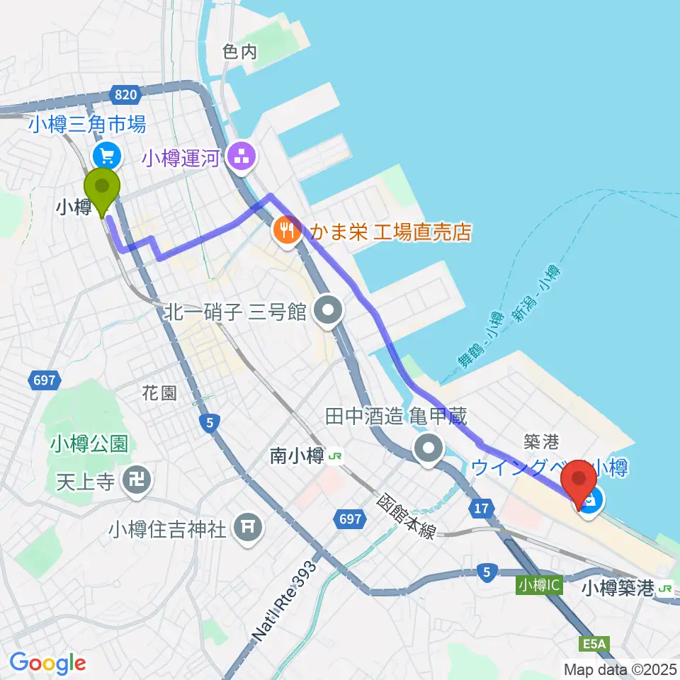 小樽駅から市民劇場ヲタル座へのルートマップ地図