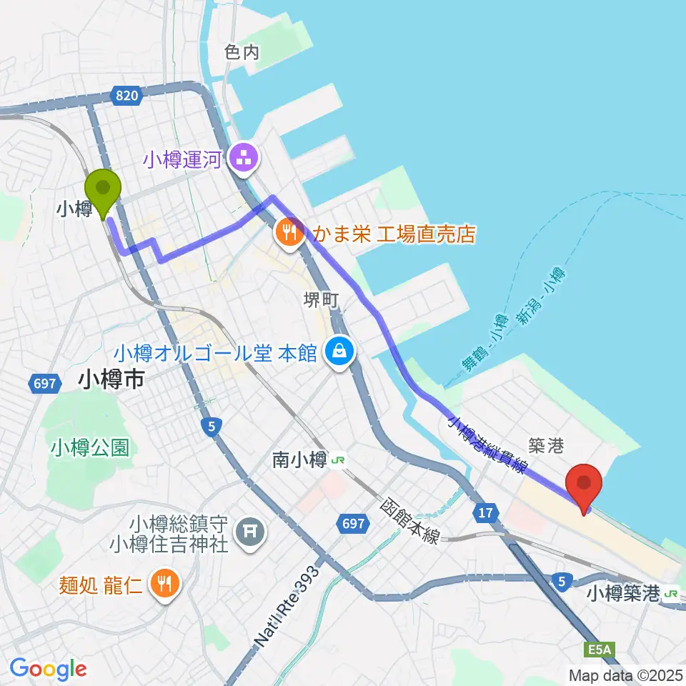 小樽駅から市民劇場ヲタル座へのルートマップ地図