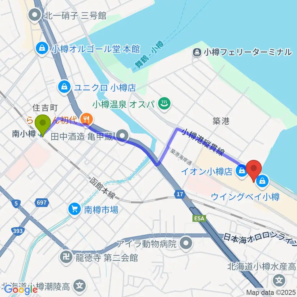 南小樽駅から市民劇場ヲタル座へのルートマップ地図