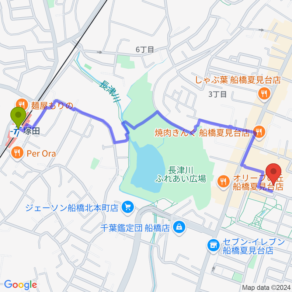 堀之内ピアノ調律事務所の最寄駅塚田駅からの徒歩ルート（約14分）地図